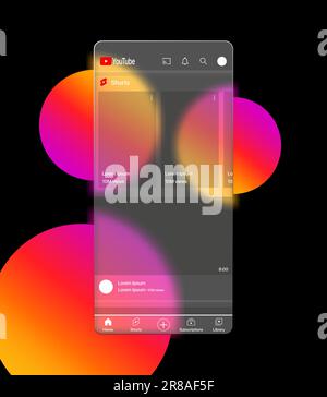 Youtube mockup social media post template in glassmorphism background , Player mock up frame. transparent Frosted glass morphism mockups and blurred g Stock Vector