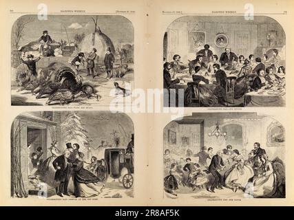 Thanksgiving Day--Ways and Means/Arrival at the Old Home/The Dinner/The Dance, from Harper's Weekly, November 27, 1858 1858 by Winslow Homer, born Boston, MA 1836-died Prout's Neck, ME 1910 Stock Photo