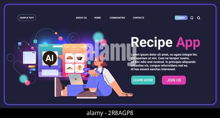 woman culinary influencer making diet food content in computer app with ai helper bot recipe app culinary concept Stock Vector