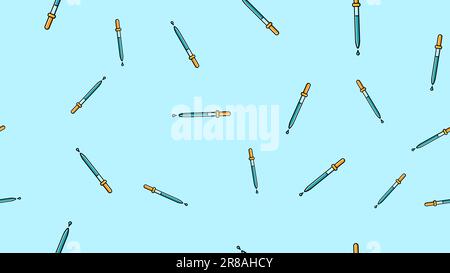 Seamless pattern texture of endless repetitive scientific medicine droppers pipettes for titration, instillation of medication with drops on a blue ba Stock Vector