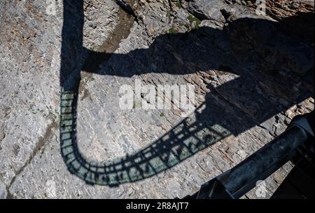 Reflection on mountain florr of the glass bridge of the Columbia Icefield Skywalk in Jasper National Park, Alberta, Canada on 6 June 2023 Stock Photo