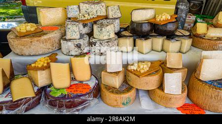Market day in Cannobio Local specialties on offer- Verbania, Piedmont, Italy, Europe Stock Photo