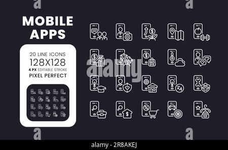 Mobile apps white linear desktop icons on black Stock Vector