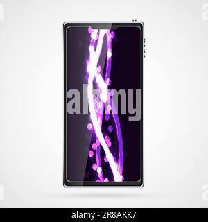 Black smart mobile phone smartphone with touch screen, modern realistic mobile device with abstract magic energy screensaver, wallpaper, background. V Stock Vector