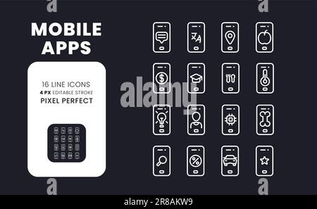Mobile apps white linear desktop icons on black Stock Vector