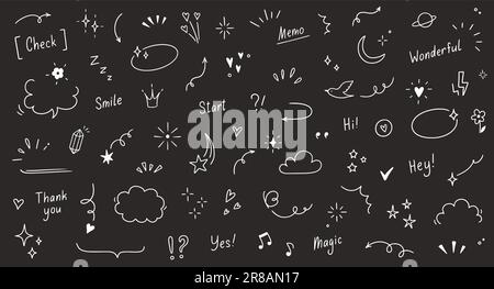 Doodle cute heart, glitter pen line elements on chalkboard. Doodle heart, arrow, star, sparkle decoration symbol set icon. Simple sketch line style emphasis, glitter star. Vector illustration Stock Vector