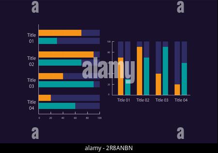 Clustered column infographic chart design template set for dark theme Stock Vector