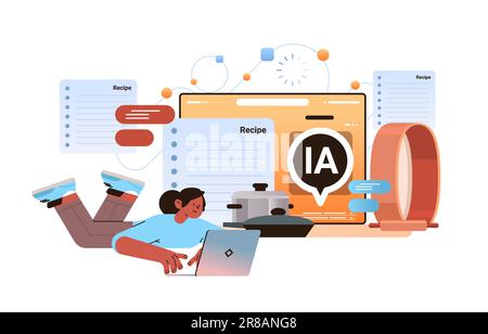 woman culinary influencer making diet food content in computer app with ai helper bot recipe generation concept Stock Vector