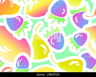Seamless pattern with strawberry, lemon and pear. Summer fruit and berry mix of pear, lemon and strawberry with stroke in 3d style. Design for print, Stock Vector