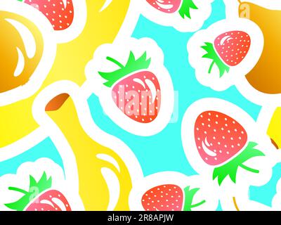 Seamless pattern with pear, bananas and strawberries. Summer fruit and berry mix of strawberry, banana and pear with stroke in 3d style. Design for pr Stock Vector