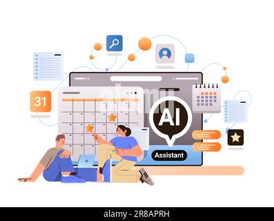 businesspeople using computer app with personal ai calendar assistant online service task management artificial intelligence support Stock Vector