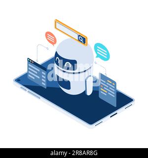 Flat 3d Isometric AI or Artificial Intelligence Chatbot or Robot on Smart Device. Machine Learning and Artificial Intelligence Technology Concept Stock Vector