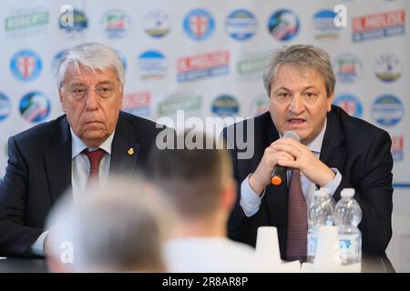Termoli, Italy. 20th June, 2023. Carlo Giovanardi (L), former senator and former undersecretary of the Italian government and Francesco Roberti (R), presidential candidate for the Molise Region seen during an election rally. Credit: SOPA Images Limited/Alamy Live News Stock Photo