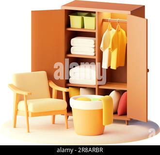 Vector modern wardrobe with clothes. Armchair and laundry basket Stock Vector