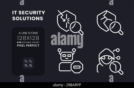 Cybersecurity solutions white linear desktop icons on black Stock Vector