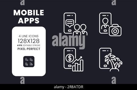 Mobile apps white linear desktop icons on black Stock Vector