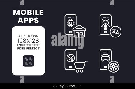 Mobile apps white linear desktop icons on black Stock Vector
