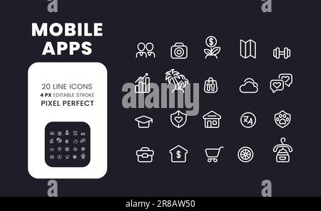 Mobile apps white linear desktop icons on black Stock Vector