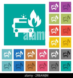 Fire engine with flame multi colored flat icons on plain square backgrounds. Included white and darker icon variations for hover or active effects. Stock Vector