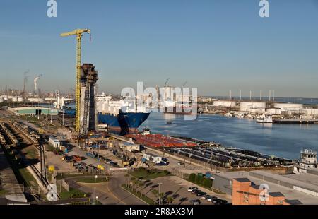 Overlooking Port Of Corpus Christi, shipping vessels, tanker, tugboats & barges, various products,  New Corpus Christi Harbor Bridge. Stock Photo