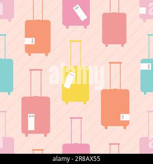 Bright vector seamless pattern with luggage, suitcase, tags, barcode with destination. Summer illustration about travel, vacation. Stock Vector