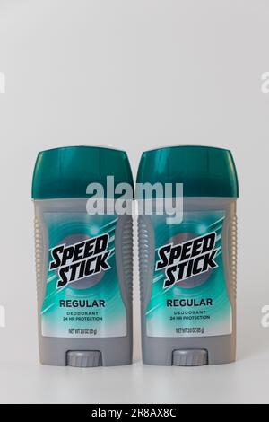 ST. PAUL, MN, USA - JUNE 9, 2023: Mennen Speed Stick Deodorant and trademark logo. Stock Photo