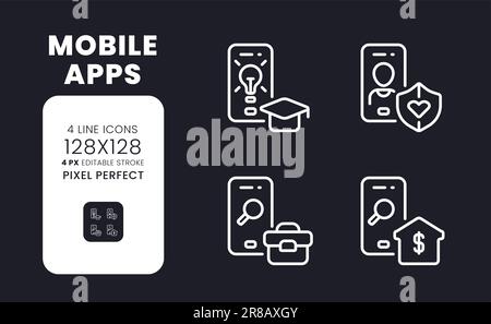 Mobile apps white linear desktop icons on black Stock Vector