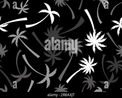 Black and white palm trees seamless pattern. Summer time, tropical pattern with palm trees on a black background. Design for printing t-shirts, banner Stock Vector