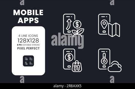 Mobile apps white linear desktop icons on black Stock Vector