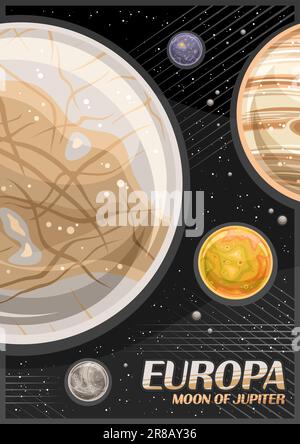 Vector Poster for Europa, vertical banner with illustration of rotating moon europa around cartoon jupiter planet on dark starry background, decorativ Stock Vector