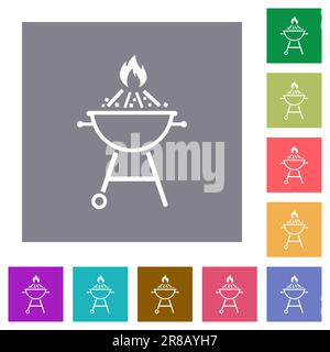 Burning barbecue grill flat icons on simple color square backgrounds Stock Vector