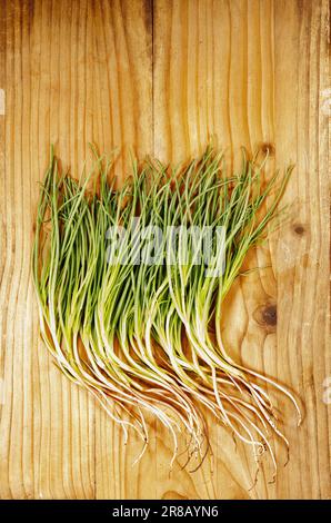 Bunch of agretti -salsola soda or opposite -leaved saltwort -on wooden table ,fresh uncooked green leaves Stock Photo