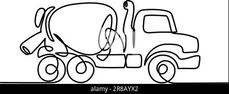 Concrete mixer truck in sketch style. Continuous one line drawing. Vector black and white illustration in lines Stock Vector