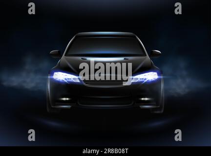 3d realistic vector icon. Black car in the darkness with clouds of dust and lights glowing. Stock Vector