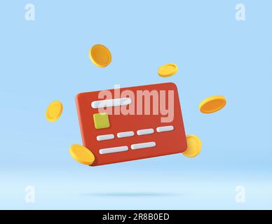 3d Credit card, floating coins around Stock Vector