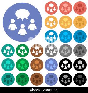 Three talking persons with oval bubble solid multi colored flat icons on round backgrounds. Included white, light and dark icon variations for hover a Stock Vector