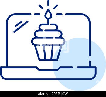 Birthday cupcake with candle on laptop. Anniversary celebration or promotion. Pixel perfect, editable stroke Stock Vector