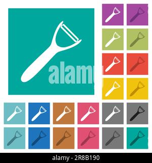 Potato peeler solid multi colored flat icons on plain square backgrounds. Included white and darker icon variations for hover or active effects. Stock Vector