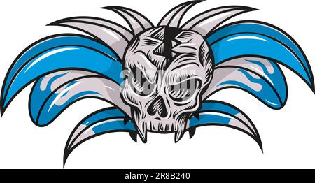 hand drawn skull head with surfboard. vector illustration Stock Vector