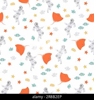 Vector seamless pattern with scuba diver, devilfish, algae, starfish,.Underwater cartoon creatures.Marine background.Cute ocean pattern for fabric Stock Vector