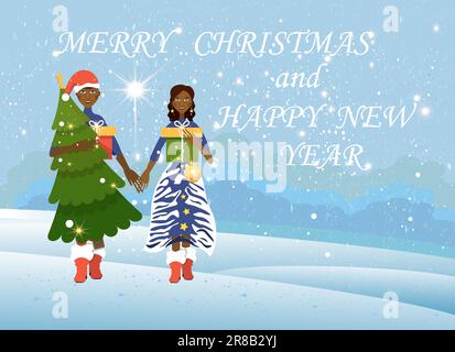 Merry Christmas and New Year  celebration concept. Happy festive african loving couple holding hands. Christmas new year holidays. Stock Vector