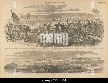 Battle of Antietam--Burnside's Division, Left Wing--Brilliant and Decisive Bayonet Charge of Hawkins's Zouaves, Colonel Kimball on the Rebel Battery on the Hill, Right Bank of the Antietam Creek near Sharpsburg, on the Afternoon of September 17--Utter Rout of the Rebels. From a Sketch by Our Special Artist, Mr. Edwin Forbes. 1862 by Edwin Forbes, born New York City 1839-died Brooklyn, NY 1895 Stock Photo