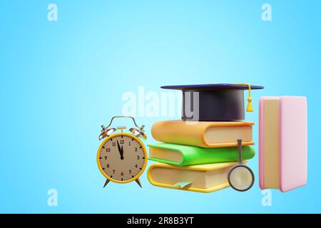 Alarm clock stack of books and academic cap isolated on blue background. 3d rendering Stock Photo