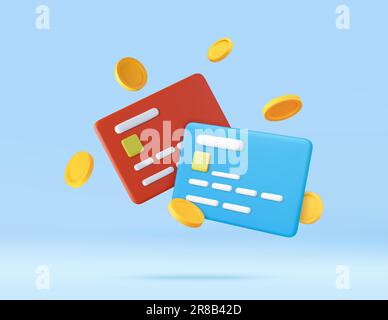 3d Credit card, floating coins around Stock Vector