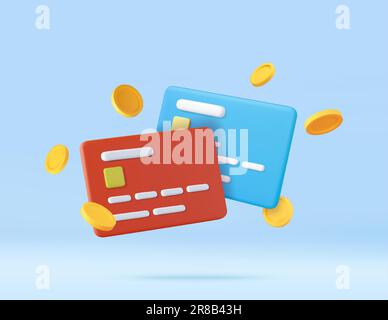 3d Credit card, floating coins around Stock Vector