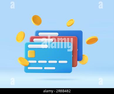 3d Credit card, floating coins around Stock Vector