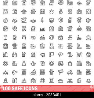 100 safe icons set. Outline illustration of 100 safe icons vector set isolated on white background Stock Vector