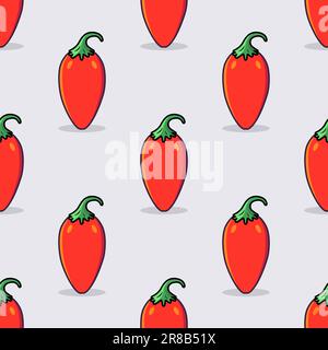 Vector Seamless Pattern with Cartoon Cute and Funny Scares Red Hot Chili Peppers. Kawaii Style. Fresh Chili Hot Pepper Seamless Texture. Vector Stock Vector