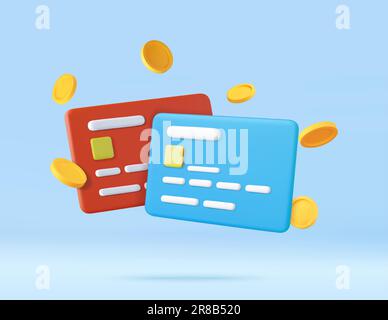 3d Credit card, floating coins around Stock Vector