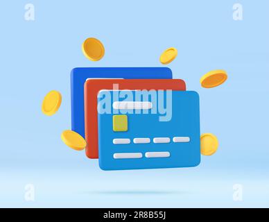 3d Credit card, floating coins around Stock Vector